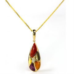 Kabana Mixed Spiny Oyster and Mother of Pearl Teardrop Pendant Necklace Yellow Gold