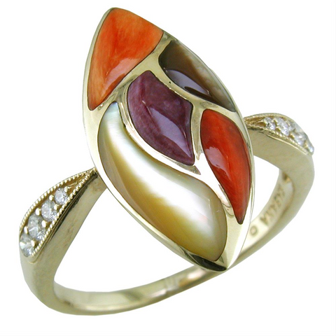 Kabana Marquise Shape Ring with Diamond & Spiny Oyster Mother of Pearl Inlay