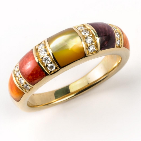 Kabana Multicolor Spiny Oyster and Mother of Pearl and Yellow Gold Ring GRIF487MMS