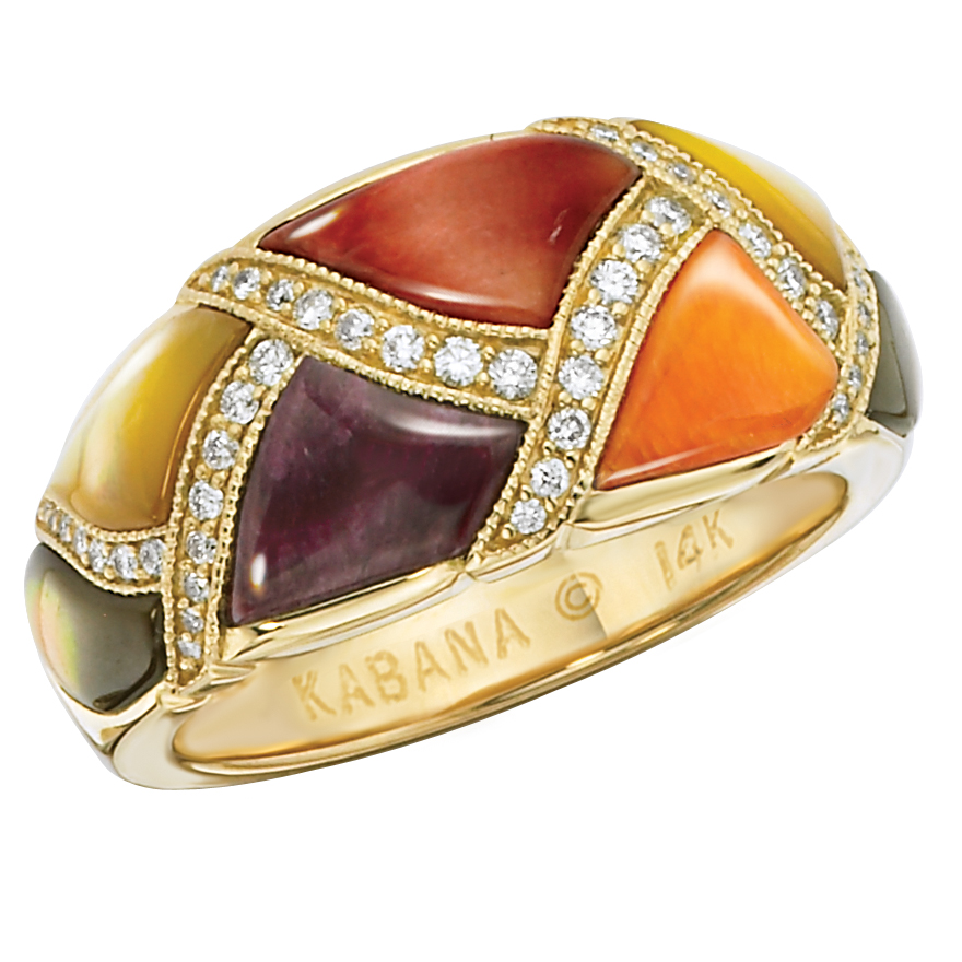 Kabana Multicolor Spiny Oyster and Mother of Pearl and Yellow Gold Ring GRIF498MMS