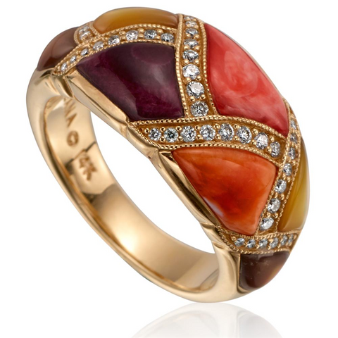 Kabana Multicolor Spiny Oyster and Mother of Pearl and Yellow Gold Ring GRIF498MMS