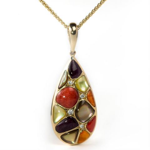 Kabana Mixed Spiny Oyster and Mother of Pearl Teardrop Pendant Necklace Yellow Gold GPCF415MMS