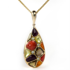 Kabana Mixed Spiny Oyster and Mother of Pearl Teardrop Pendant Necklace Yellow Gold GPCF415MMS
