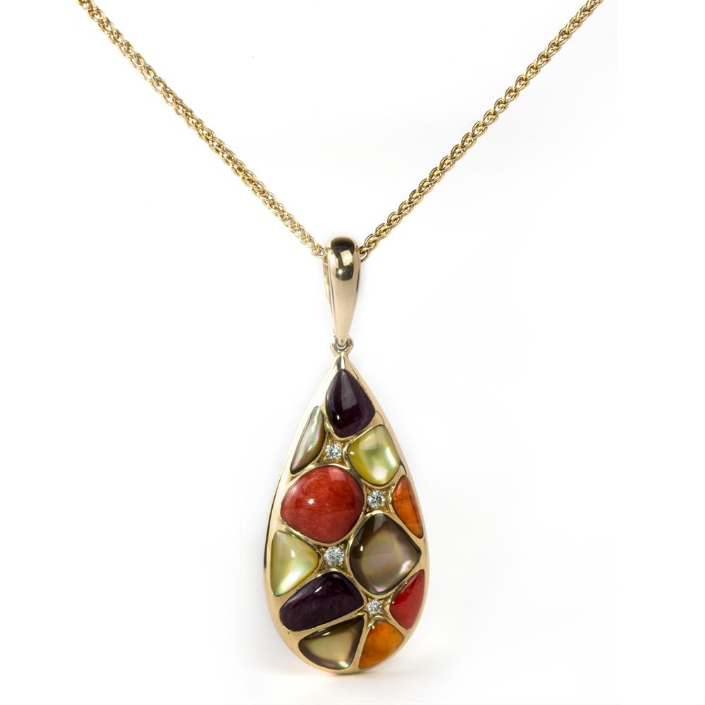 Kabana Mixed Spiny Oyster and Mother of Pearl Teardrop Pendant Necklace Yellow Gold GPCF415MMS