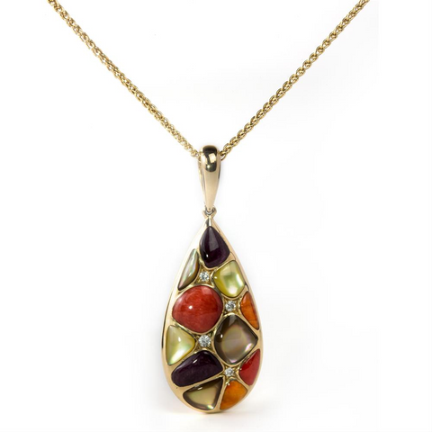 Kabana Mixed Spiny Oyster and Mother of Pearl Teardrop Pendant Necklace Yellow Gold GPCF415MMS