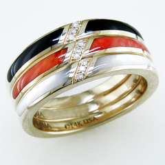Kabana Black Onyx, Mother of Pearl, and Spiny Oyster Inlay Gold Ring