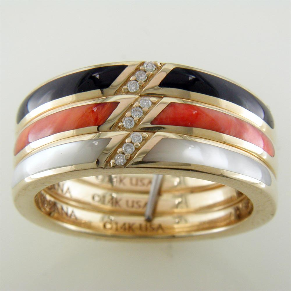 Kabana Black Onyx, Mother of Pearl, and Spiny Oyster Inlay Gold Ring