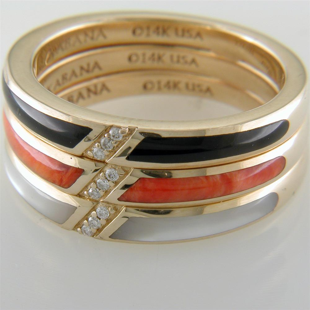 Kabana Black Onyx, Mother of Pearl, and Spiny Oyster Inlay Gold Ring