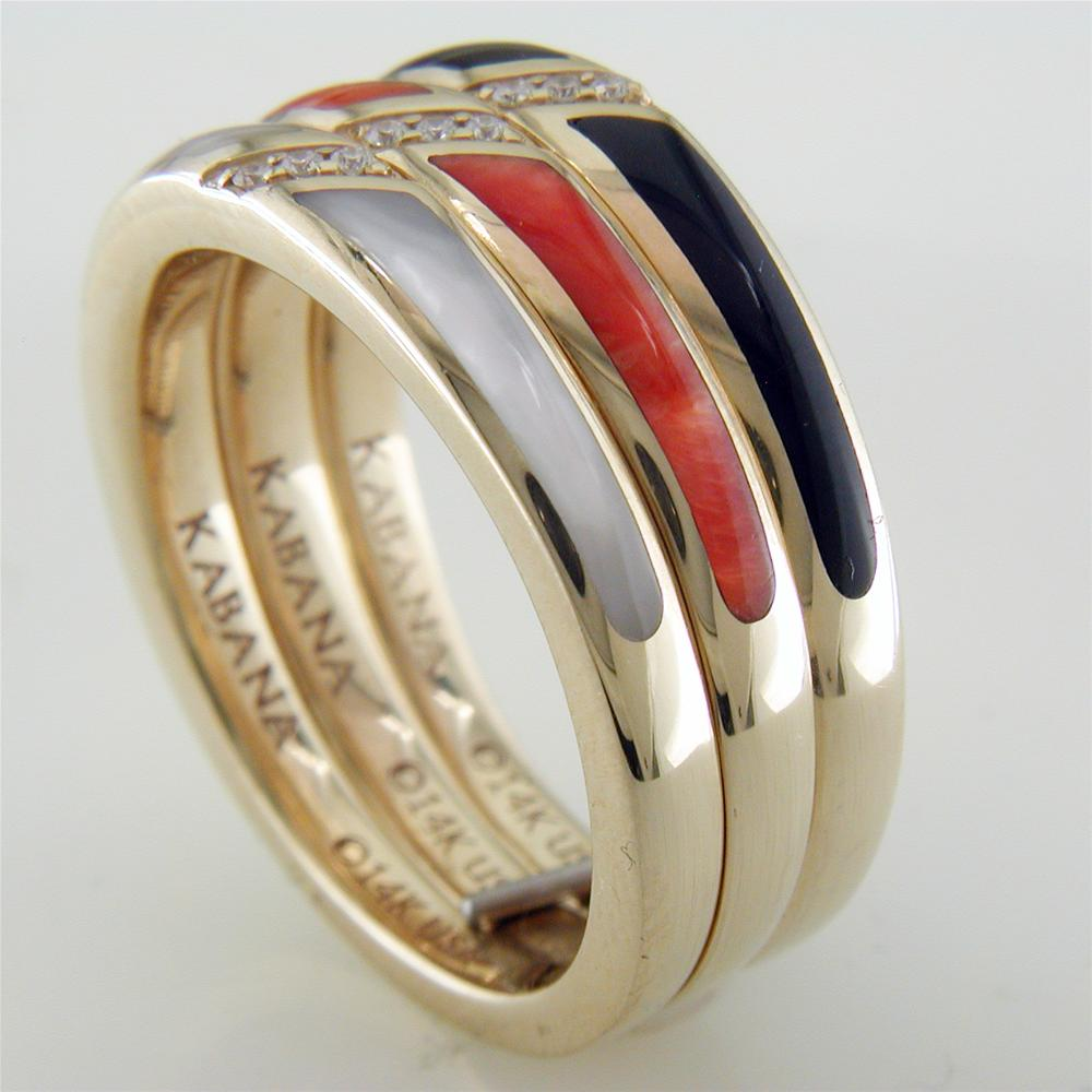 Kabana Black Onyx, Mother of Pearl, and Spiny Oyster Inlay Gold Ring