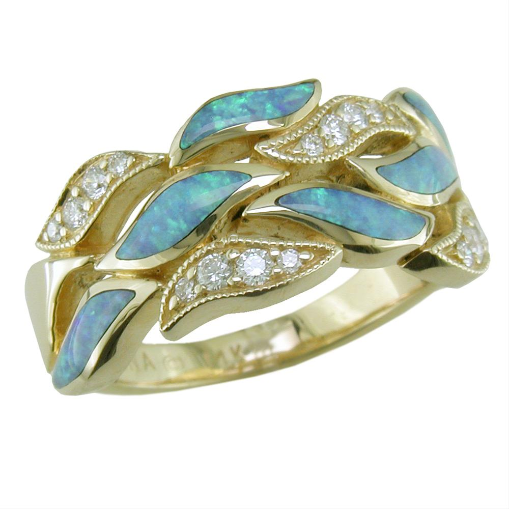 Kabana Opal Inlay 14K Yellow Gold Ring with Diamonds Flame Design
