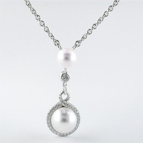 Mikimoto Petite Soleil Diamond & Pearl Necklace Drop Pendant