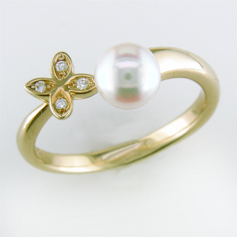 Mikimoto Akoya Pearl 18K Yellow Gold Diamond Floral Ring 6.0mm A+