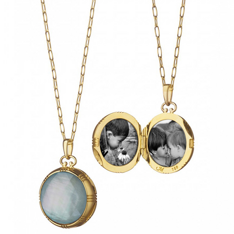 Monica Rich Kosann Yellow Gold Petite Round Double-Sided Blue Topaz over Mother of Pearl Locket Pendant