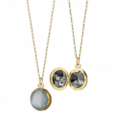 Monica Rich Kosann Yellow Gold Petite Round Double-Sided Blue Topaz over Mother of Pearl Locket Pendant