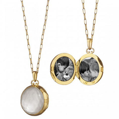 Monica Rich Kosann Yellow Gold Petite Round Double-Sided Rock Crystal over Mother of Pearl Locket Pendant