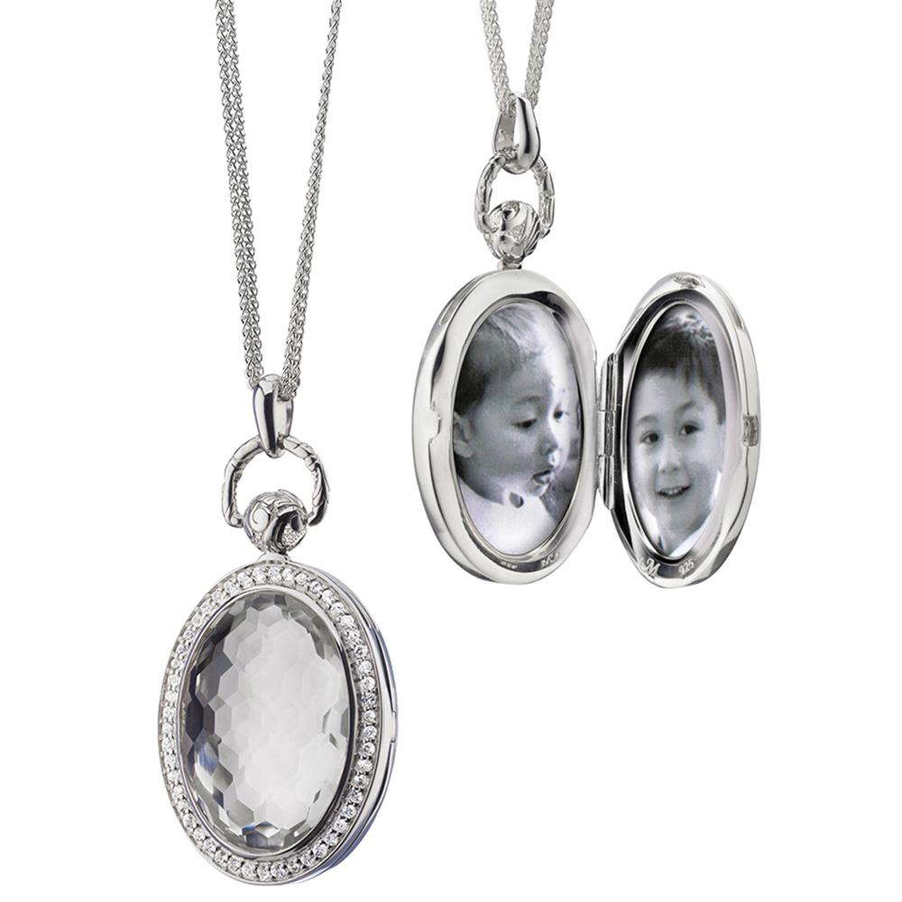 Monica Rich Kosann Sterling Silver Oval Stone Pocketwatch Locket with Faceted Rock Crystal