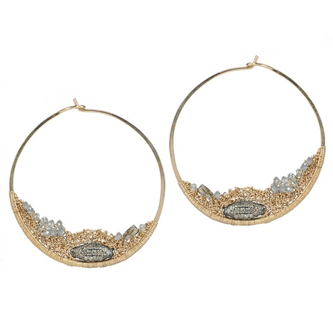 Dana Kellin Grey Diamond Circle Hoop Yellow Gold Spun Wire Earrings with Diamonds & Sapphires
