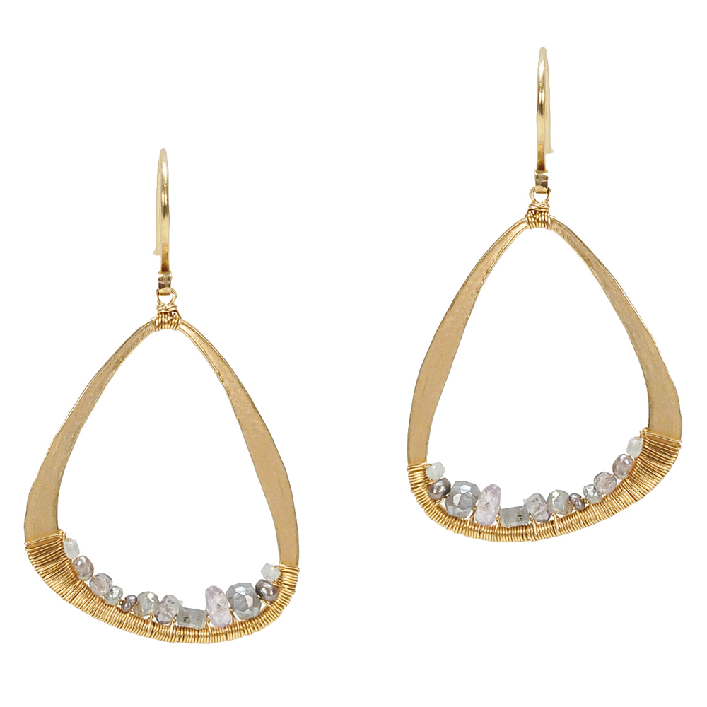 Dana Kellin Grey Diamond Yellow Gold Spun Wire Open Dangle Earrings