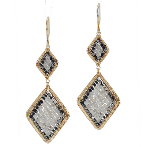 Dana Kellin Grey & Black Diamond Arrowhead Yellow Gold Spun Wire Dangle Inu Earrings