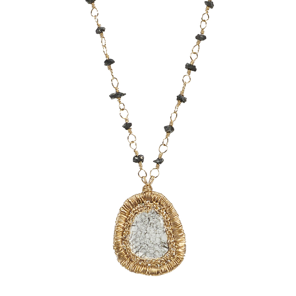 Dana Kellin Tablet & Black Diamond Yellow Gold Spun Wire Pendant Necklace