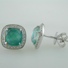 Doves "Cypress Grove" Green Amethyst Mother of Pearl, & Agate Cushion Shape Stud Earrings with Diamond Halo