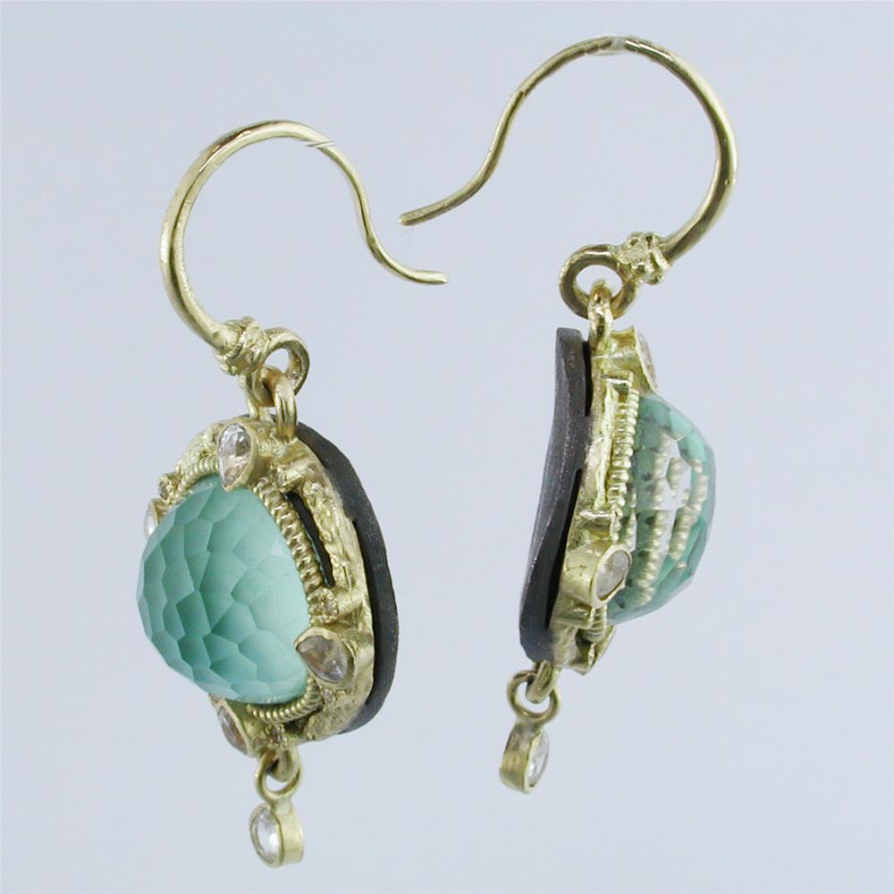 Armenta Old World Round Turquoise, Quartz, & Diamond Yellow Gold Medallion Earrings