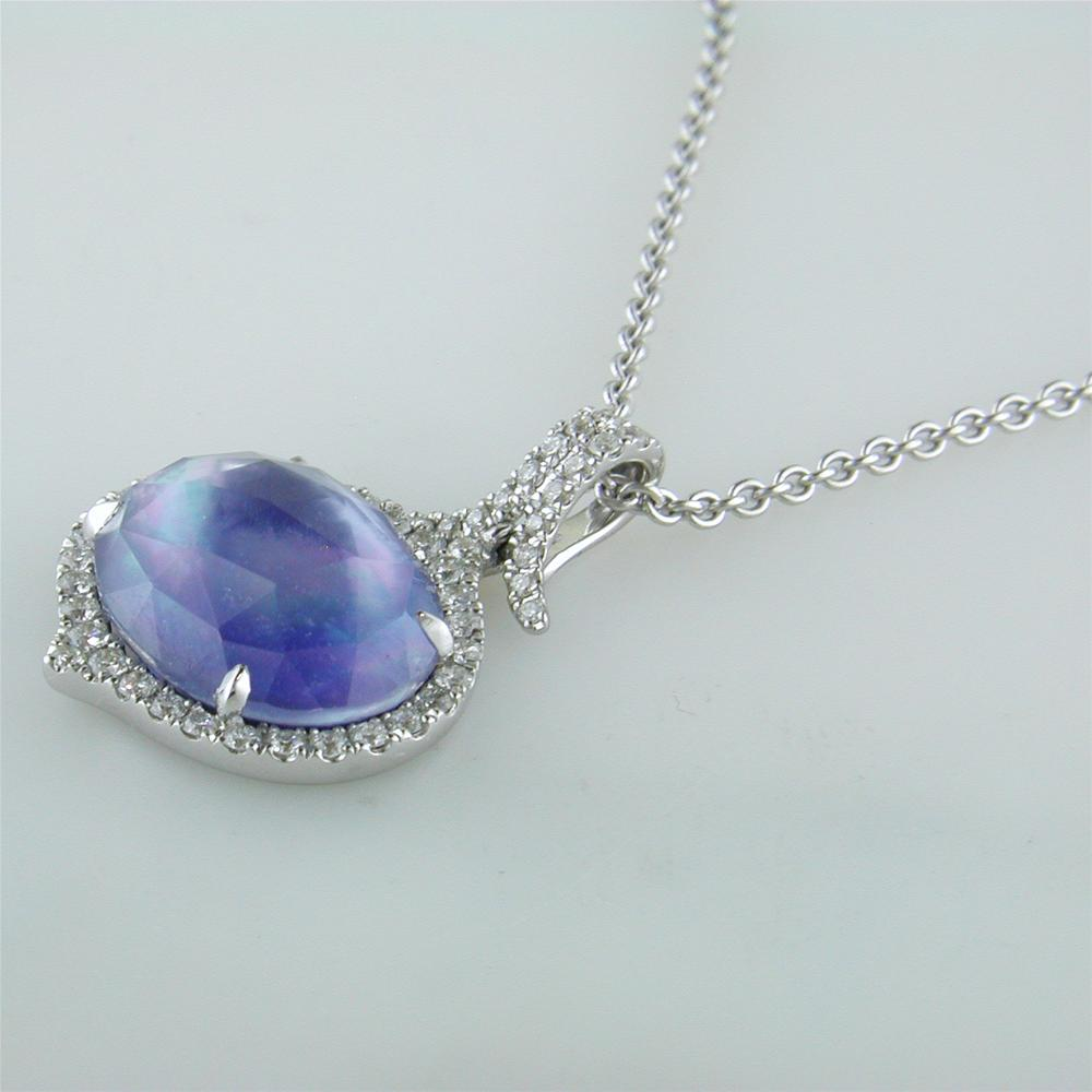 Doves Ivory Sky Blue Lapis, Mother of Pearl, & Topaz Diamond Halo Oval Pendant Necklace
