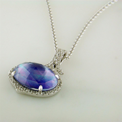 Doves Ivory Sky Blue Lapis, Mother of Pearl, & Topaz Diamond Halo Oval Pendant Necklace