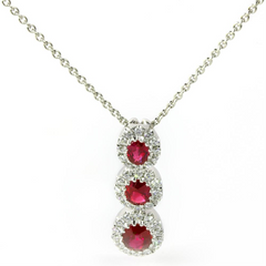Ruby & Diamond Oval Halo Three Stone Pendant Necklace