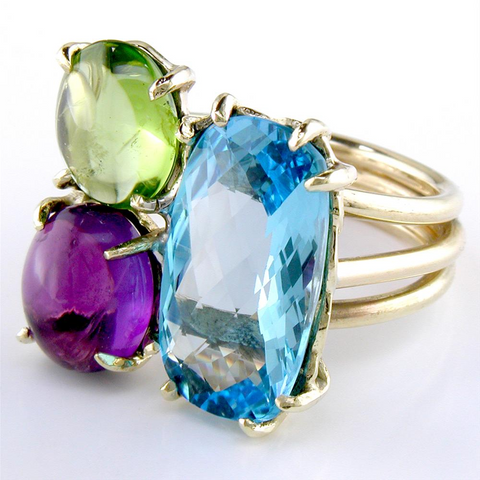 Blue Topaz, Amethyst, & Peridot Gemstone Mix 18K Yellow Gold Cocktail Ring