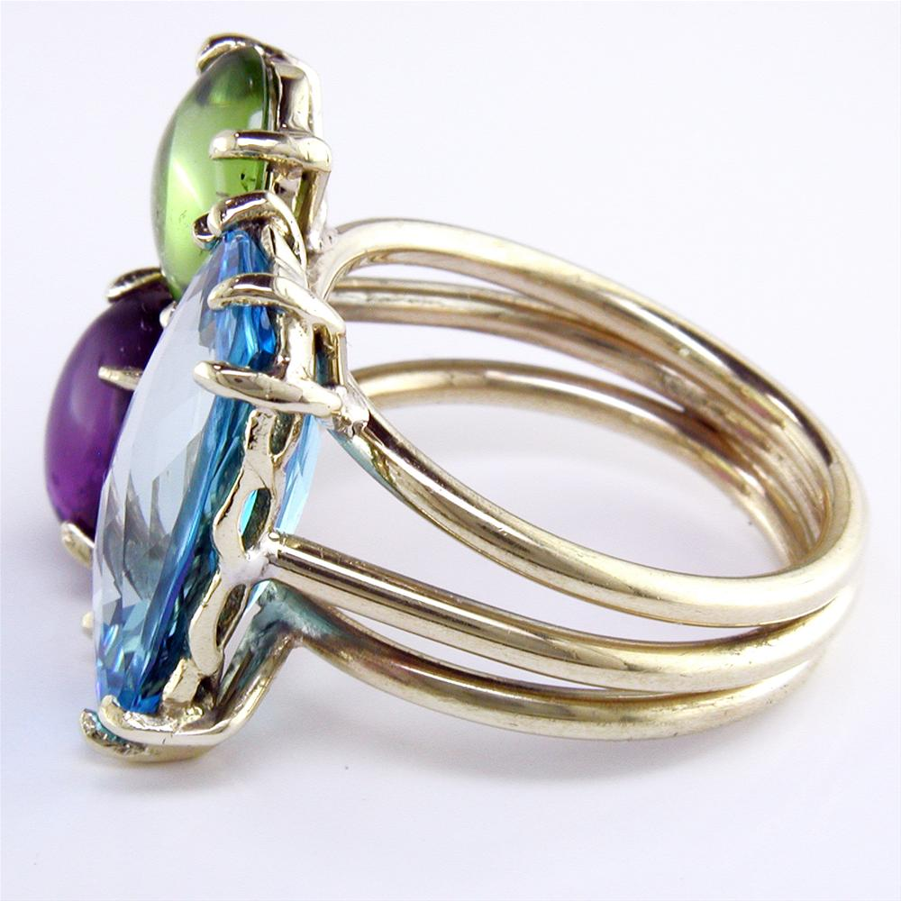 Blue Topaz, Amethyst, & Peridot Gemstone Mix 18K Yellow Gold Cocktail Ring