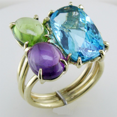 Blue Topaz, Amethyst, & Peridot Gemstone Mix 18K Yellow Gold Cocktail Ring