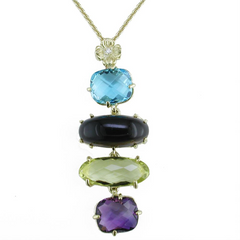 Blue Topaz, Smoky & Lemon Quartz, Amethyst Yellow Gold Dangle Pendant Necklace