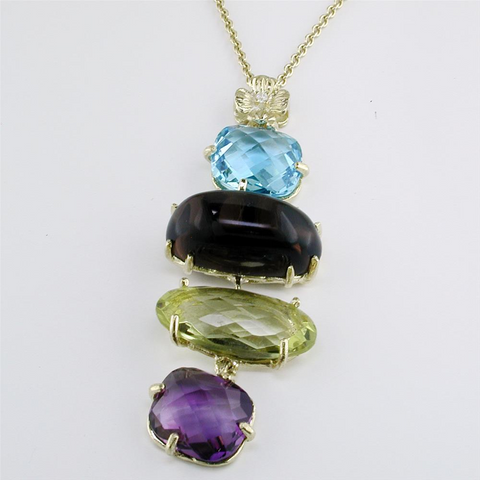Blue Topaz, Smoky & Lemon Quartz, Amethyst Yellow Gold Dangle Pendant Necklace