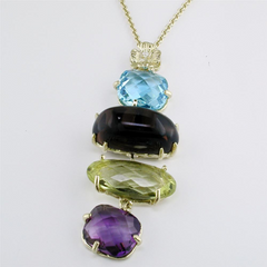 Blue Topaz, Smoky & Lemon Quartz, Amethyst Yellow Gold Dangle Pendant Necklace