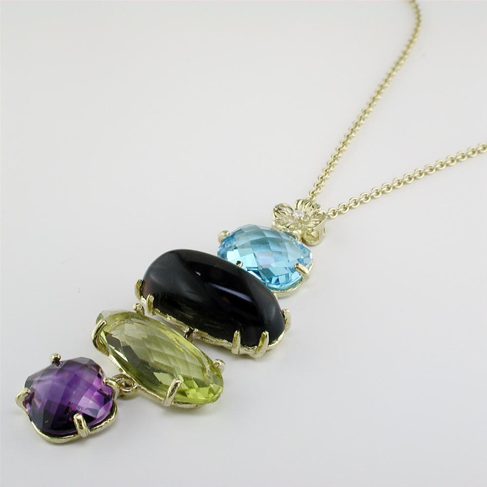 Blue Topaz, Smoky & Lemon Quartz, Amethyst Yellow Gold Dangle Pendant Necklace