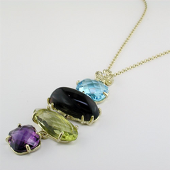 Blue Topaz, Smoky & Lemon Quartz, Amethyst Yellow Gold Dangle Pendant Necklace
