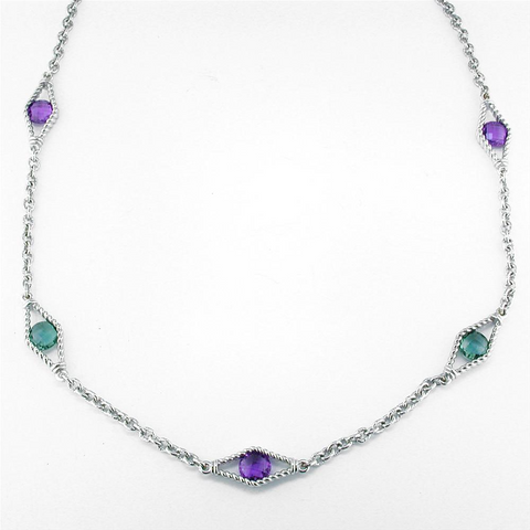 Amethyst & Prasiolite Diamond Shape Link Sterling Silver Necklace