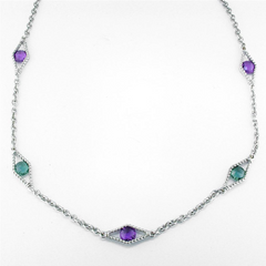 Amethyst & Prasiolite Diamond Shape Link Sterling Silver Necklace