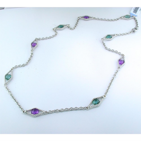 Amethyst & Prasiolite Diamond Shape Link Sterling Silver Necklace
