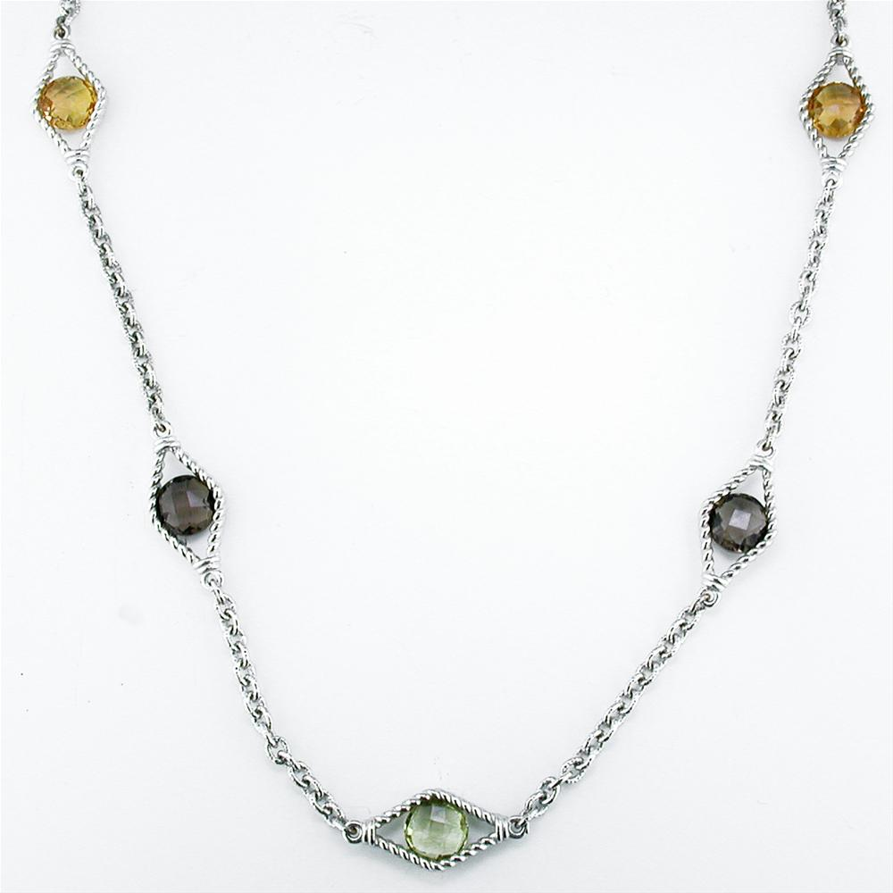 Smoky Quartz, Citrine, & Peridot Diamond Shape Link Sterling Silver Necklace