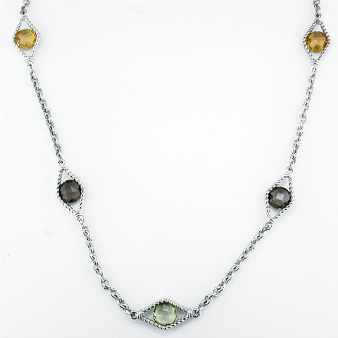 Smoky Quartz, Citrine, & Peridot Diamond Shape Link Sterling Silver Necklace