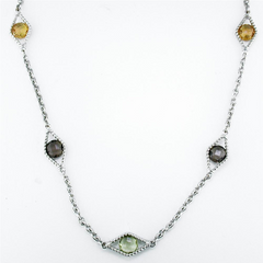 Smoky Quartz, Citrine, & Peridot Diamond Shape Link Sterling Silver Necklace