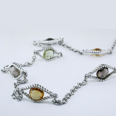 Smoky Quartz, Citrine, & Peridot Diamond Shape Link Sterling Silver Necklace