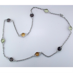 Smoky Quartz, Citrine, & Peridot Diamond Shape Link Sterling Silver Necklace