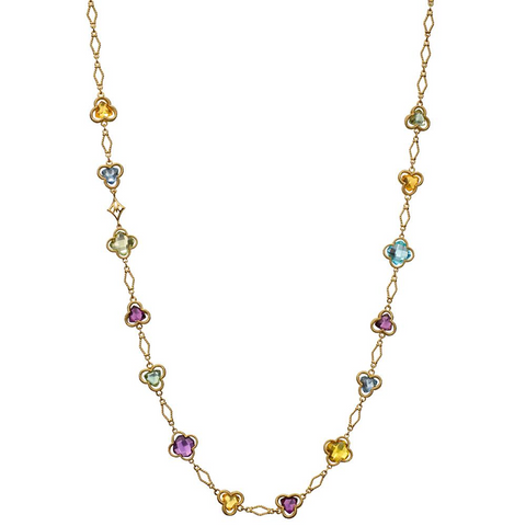 Trefoil Clover Station Necklace in 18K Gold with Blue Topaz, Citrine, & Green Quartz 28" Long