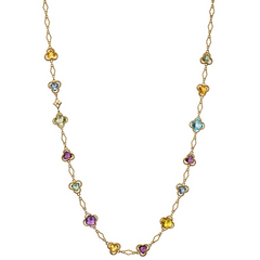 Trefoil Clover Station Necklace in 18K Gold with Blue Topaz, Citrine, & Green Quartz 28" Long