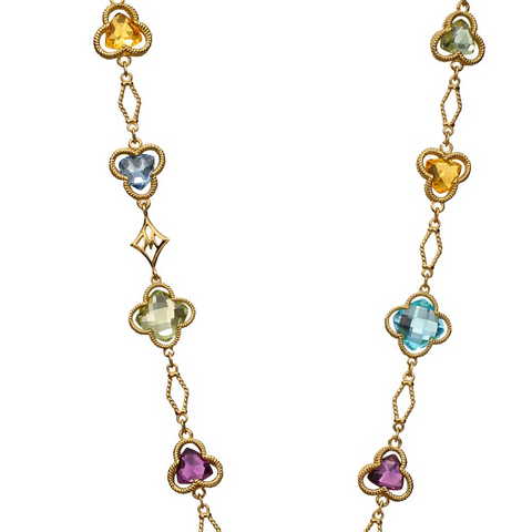 Trefoil Clover Station Necklace in 18K Gold with Blue Topaz, Citrine, & Green Quartz 28" Long