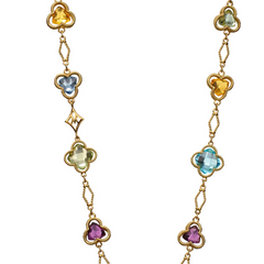 Trefoil Clover Station Necklace in 18K Gold with Blue Topaz, Citrine, & Green Quartz 28" Long