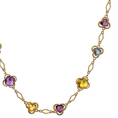 Trefoil Clover Station Necklace in 18K Gold with Blue Topaz, Citrine, & Green Quartz 28" Long
